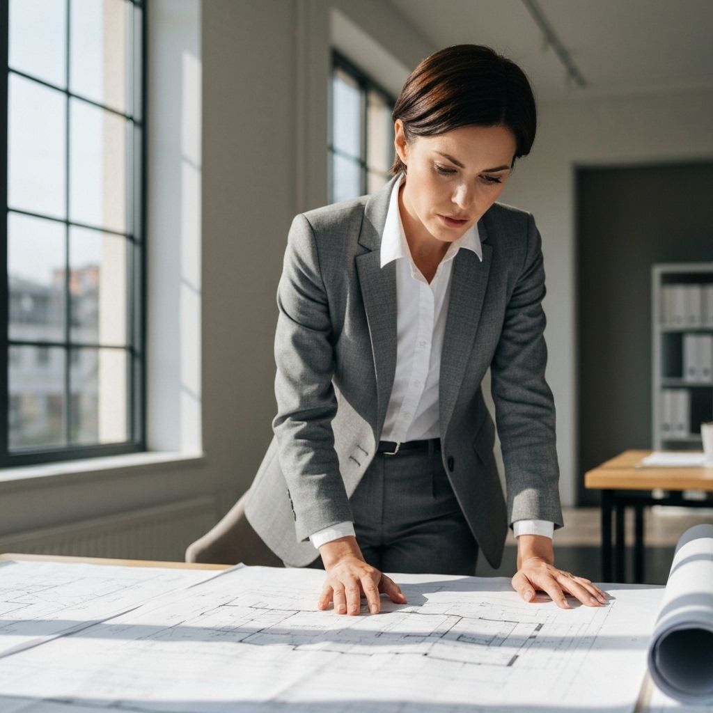 Frau betrachtet Baupläne - Planungsberatung